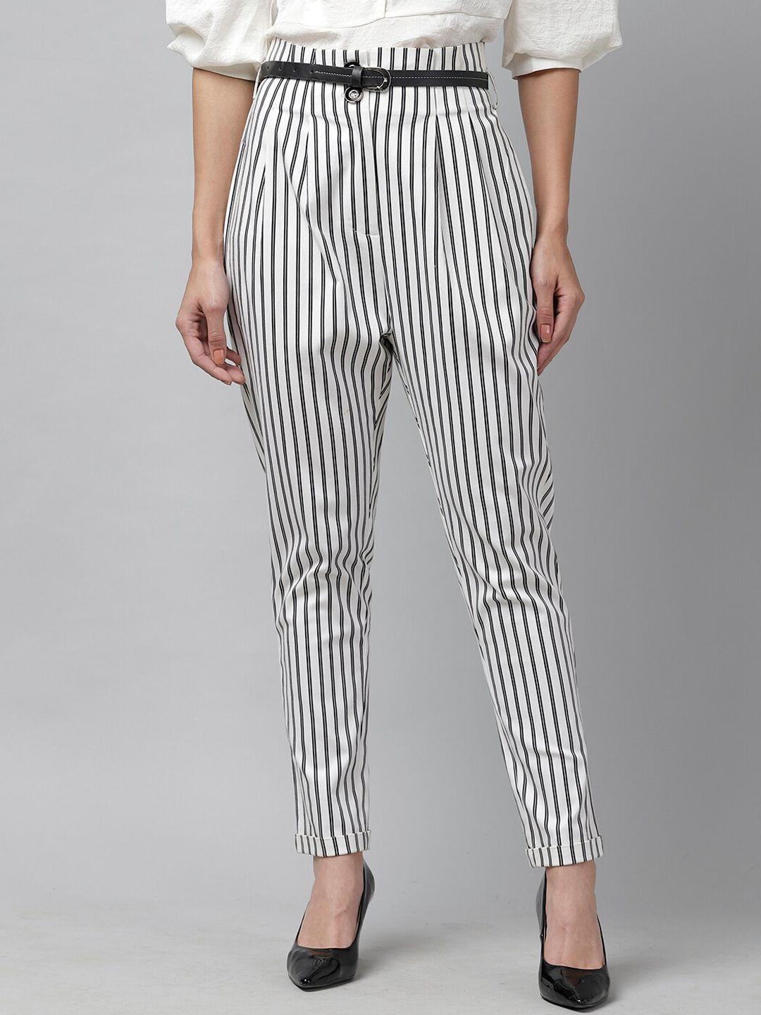 kassually women black & white slim fit striped regular trousers