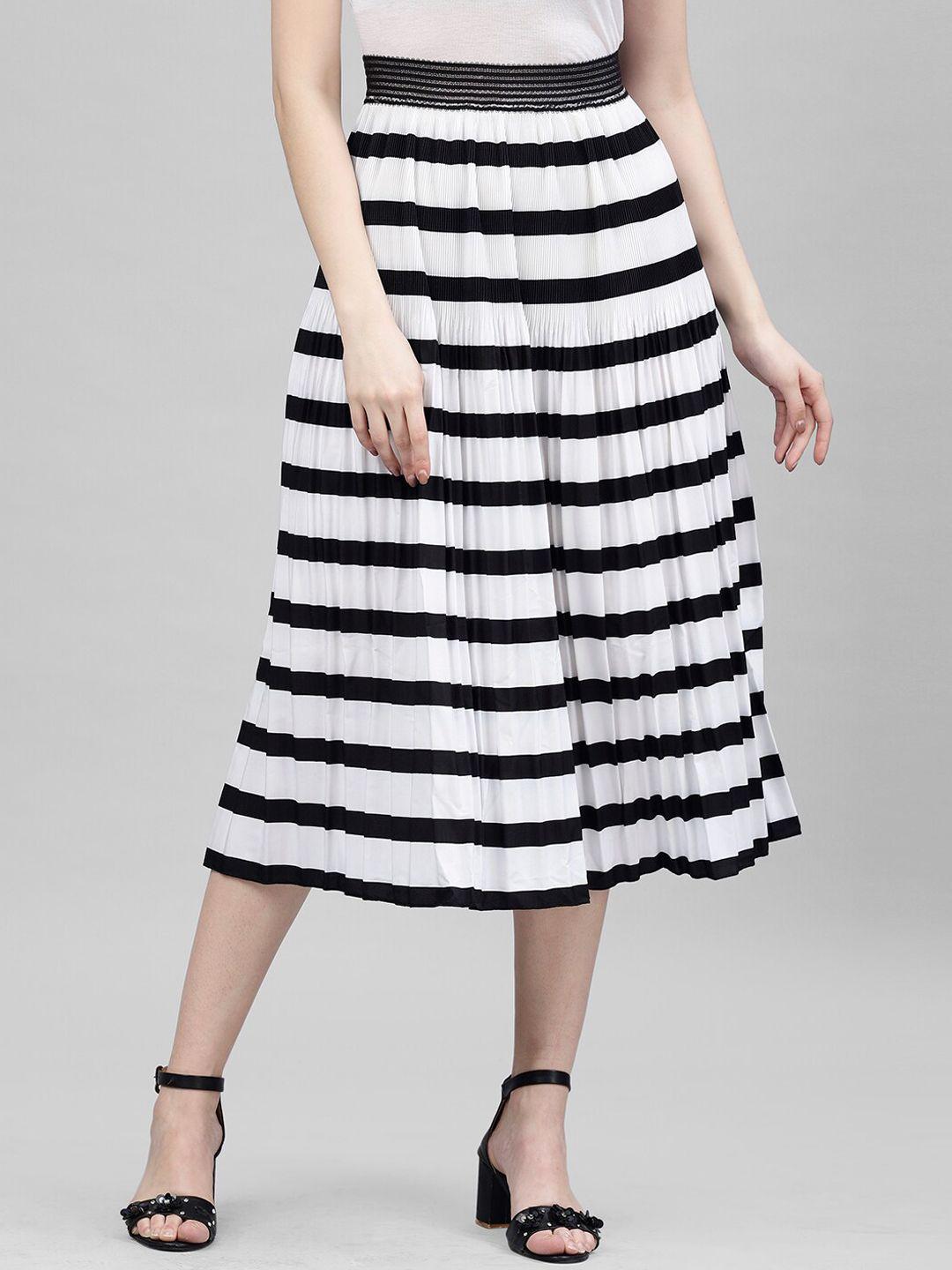 kassually women black & white striped pleated a-line midi skirt