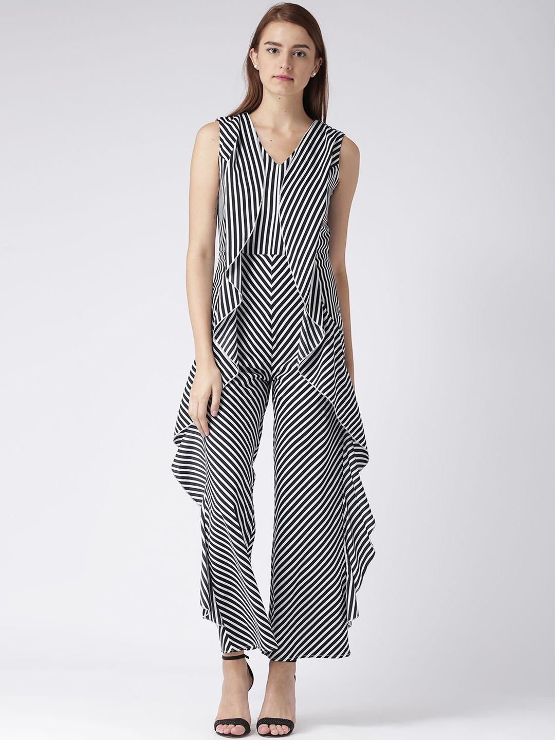 kassually women black & white striped ruffled basic jumpsuit