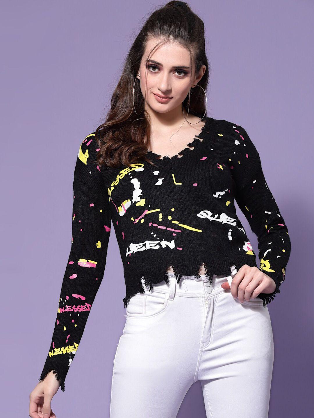 kassually women black & yellow printed crop pullover