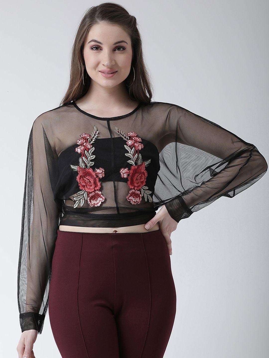 kassually women black embroidered styled back top