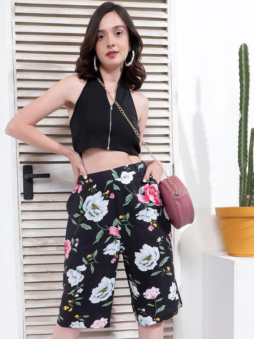 kassually women black floral printed high-rise shorts