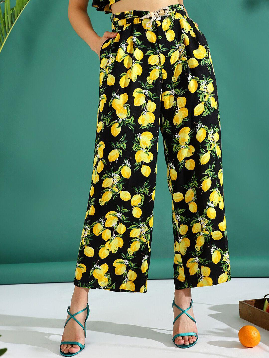 kassually women black floral printed straight fit parallel trousers