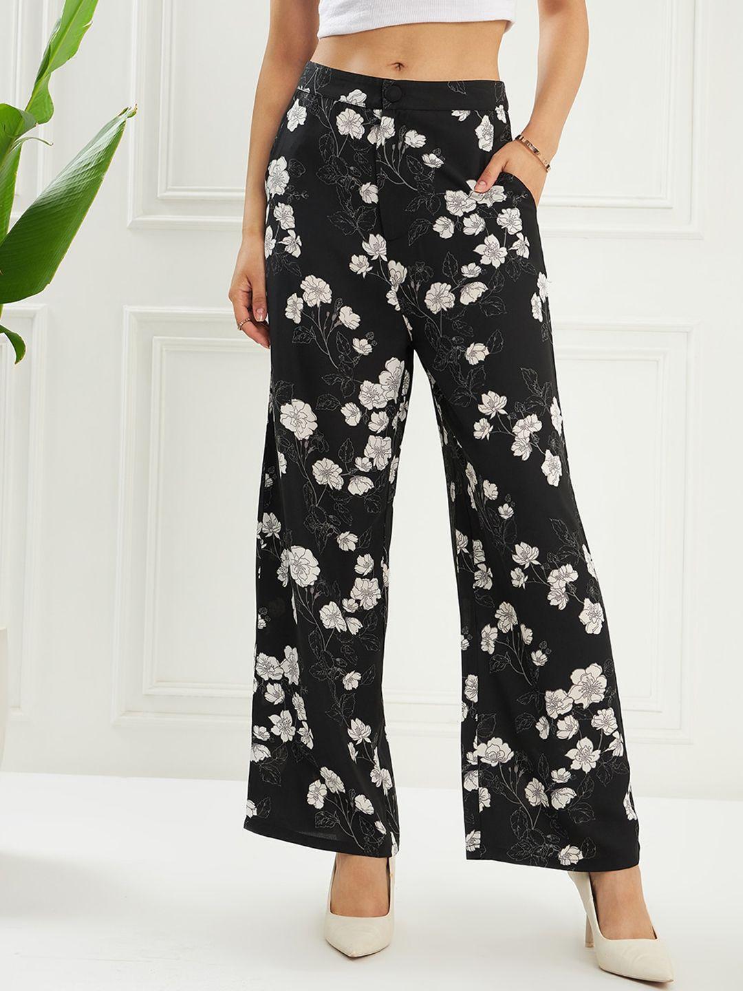 kassually women black floral printed straight fit parallel trousers