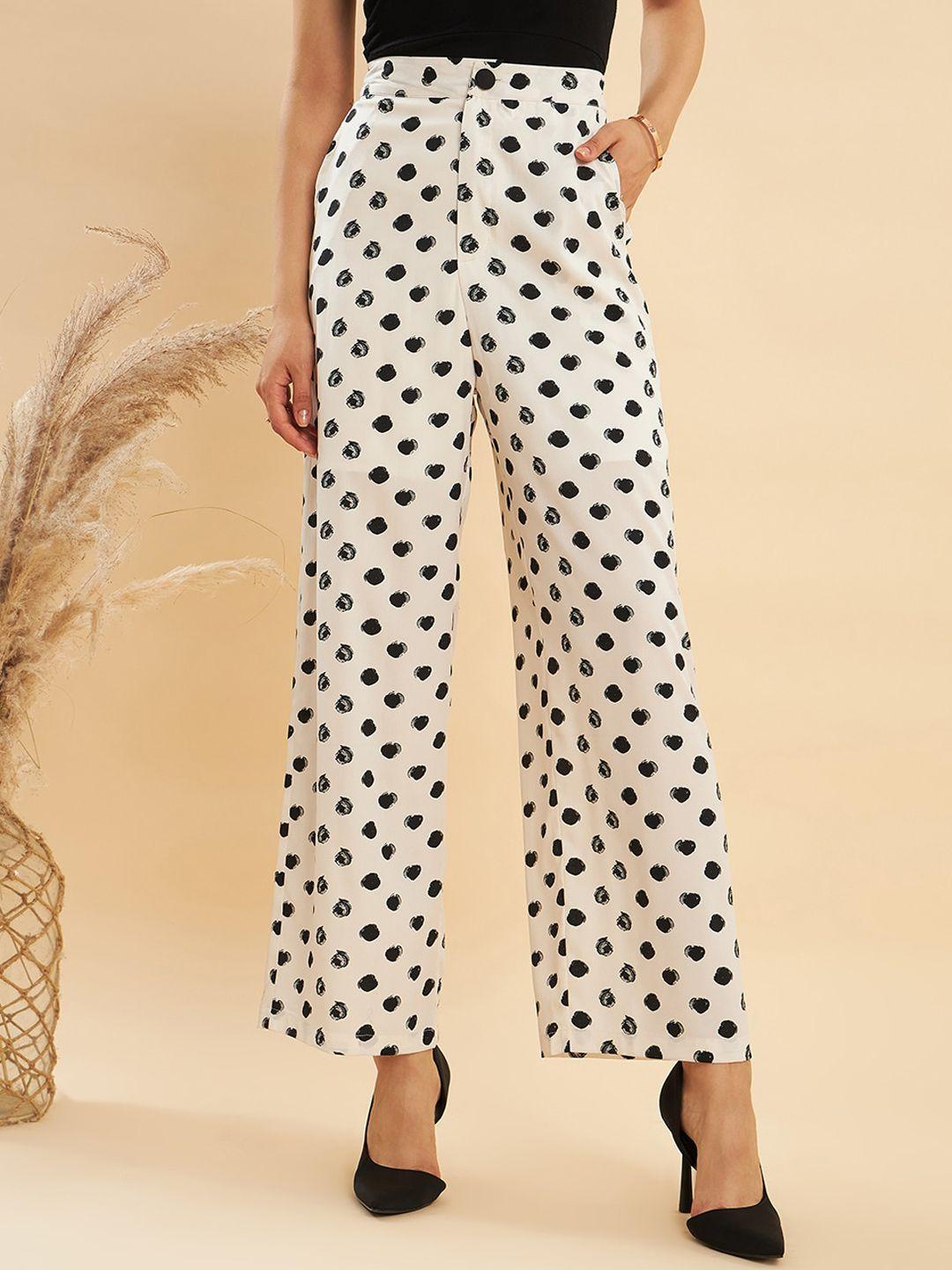 kassually women black polka dot printed straight fit parallel trousers