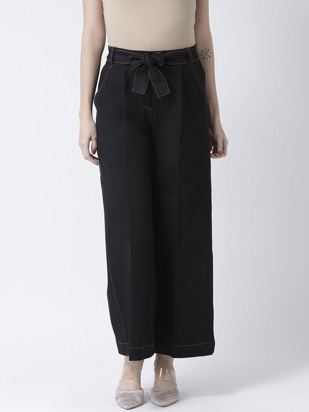 kassually women black regular fit solid parallel trousers