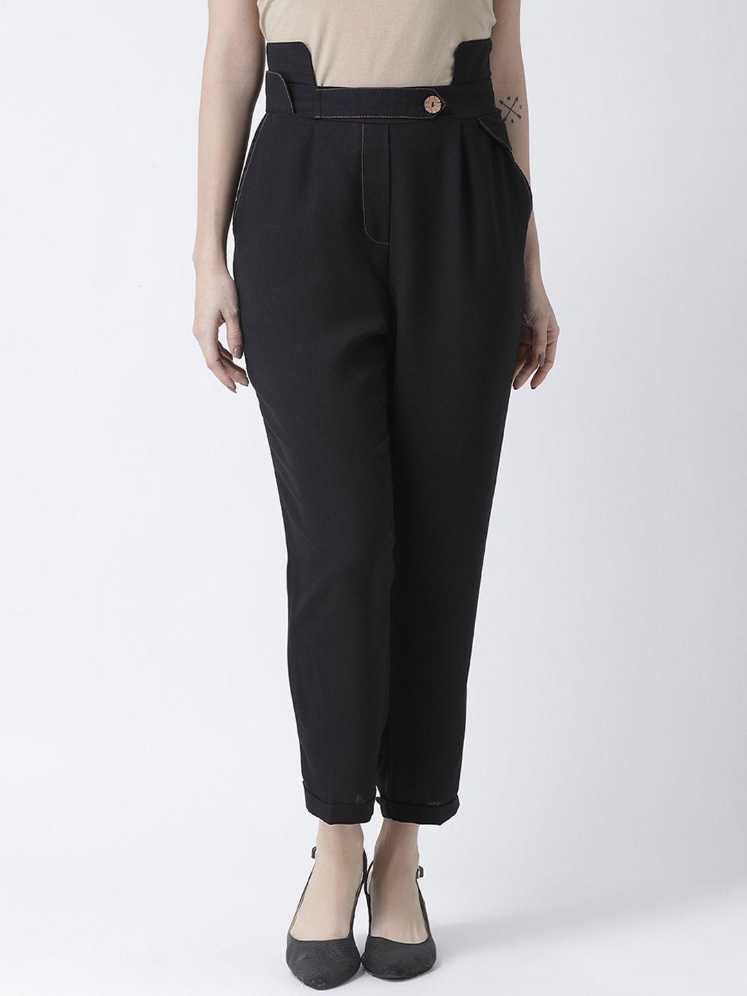 kassually women black regular fit solid regular trousers