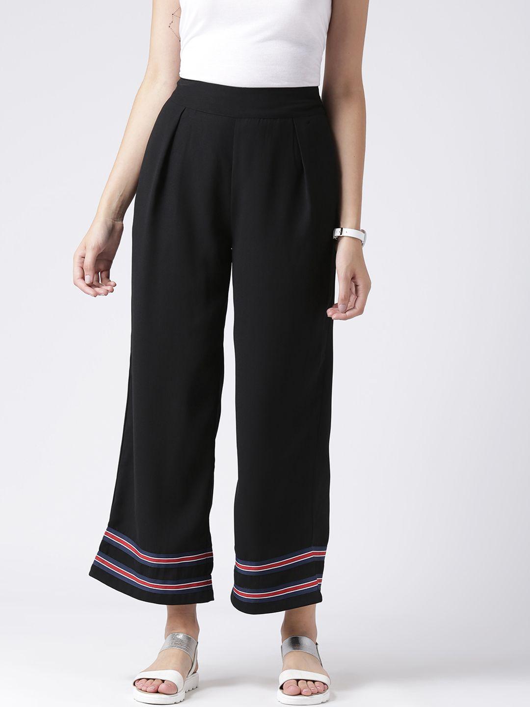 kassually women black relaxed loose fit solid cropped parallel trousers