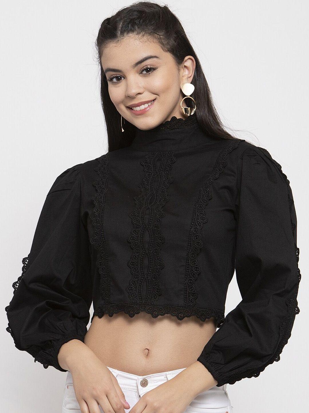 kassually women black self design crop top