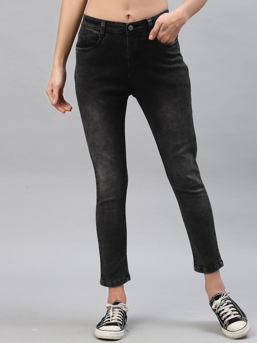 kassually women black skinny fit light fade stretchable cropped jeans