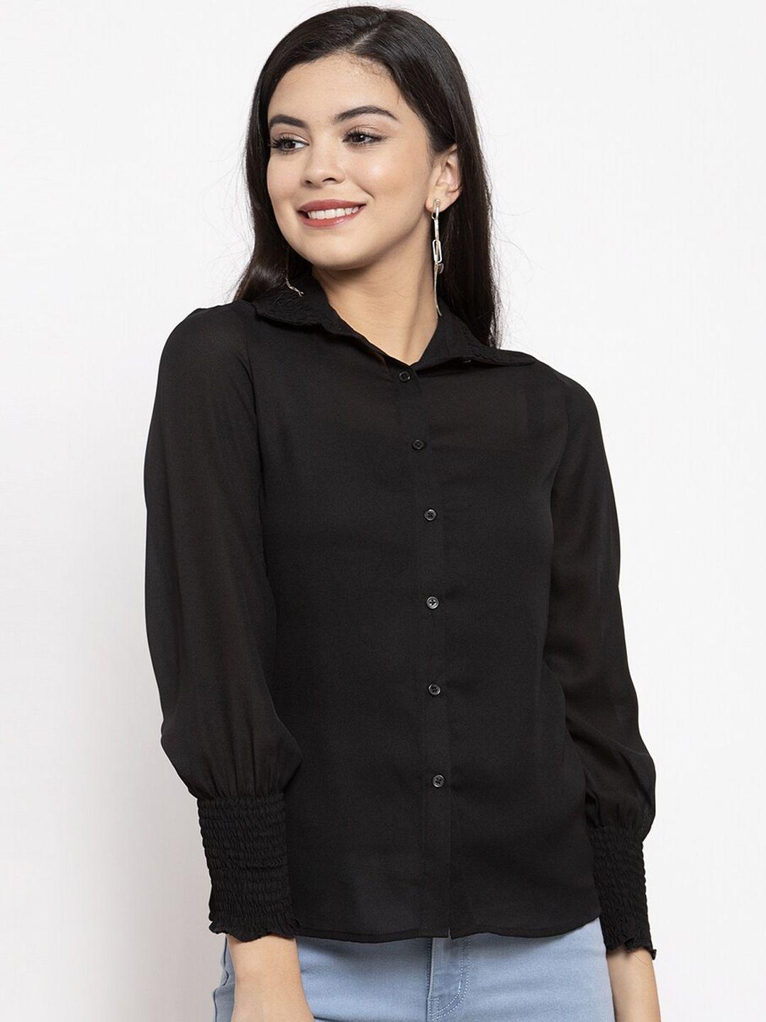 kassually women black slim fit solid casual shirt