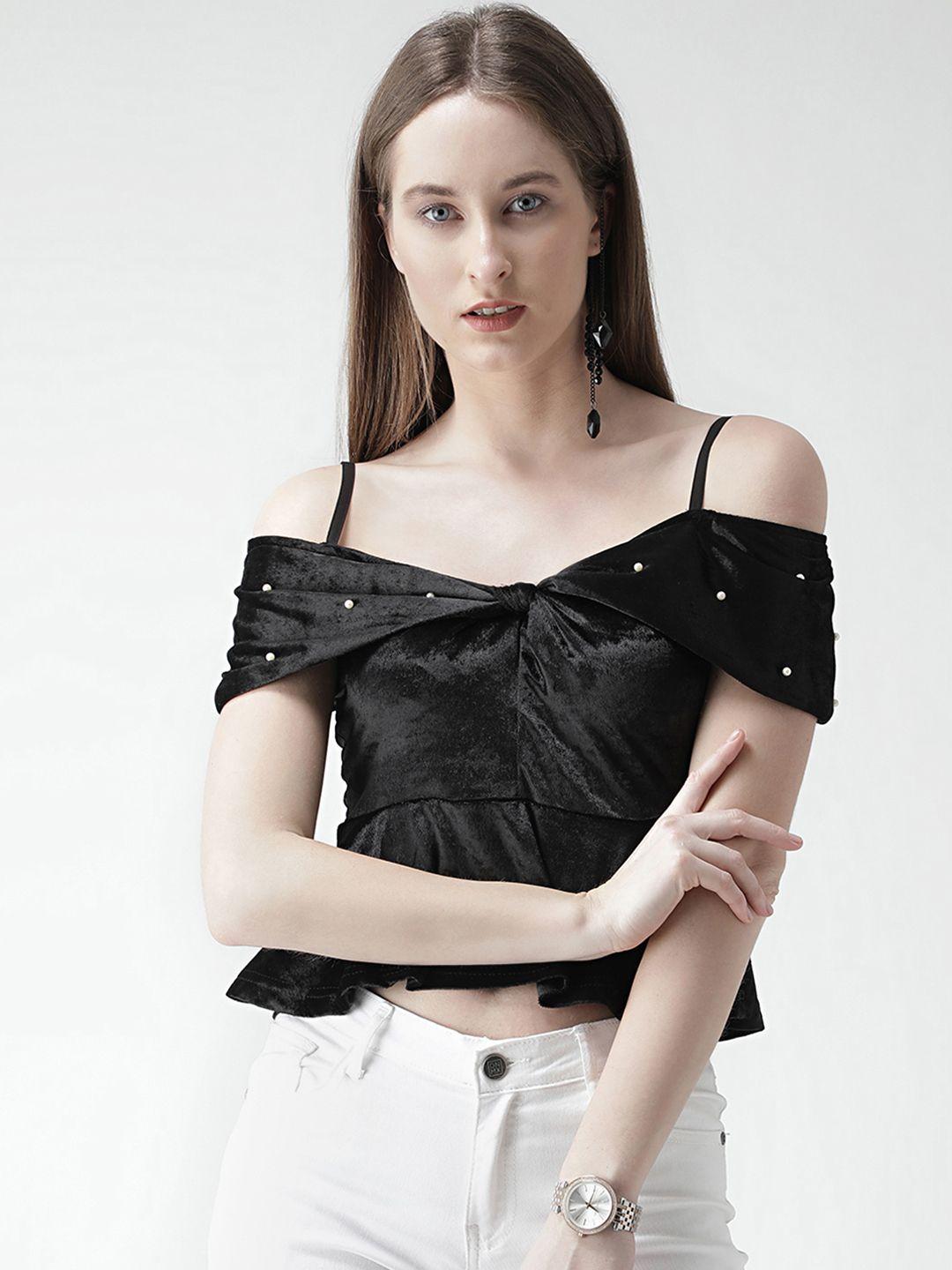 kassually women black solid bardot top with embellished detail
