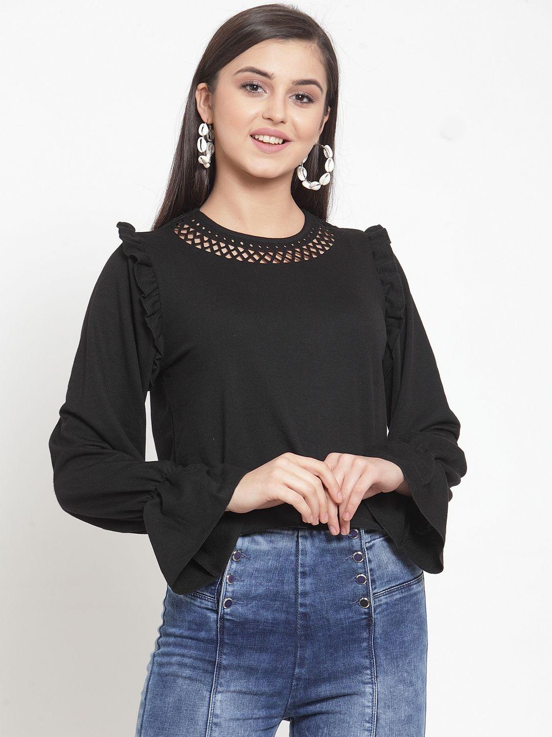 kassually women black solid boxy crop top