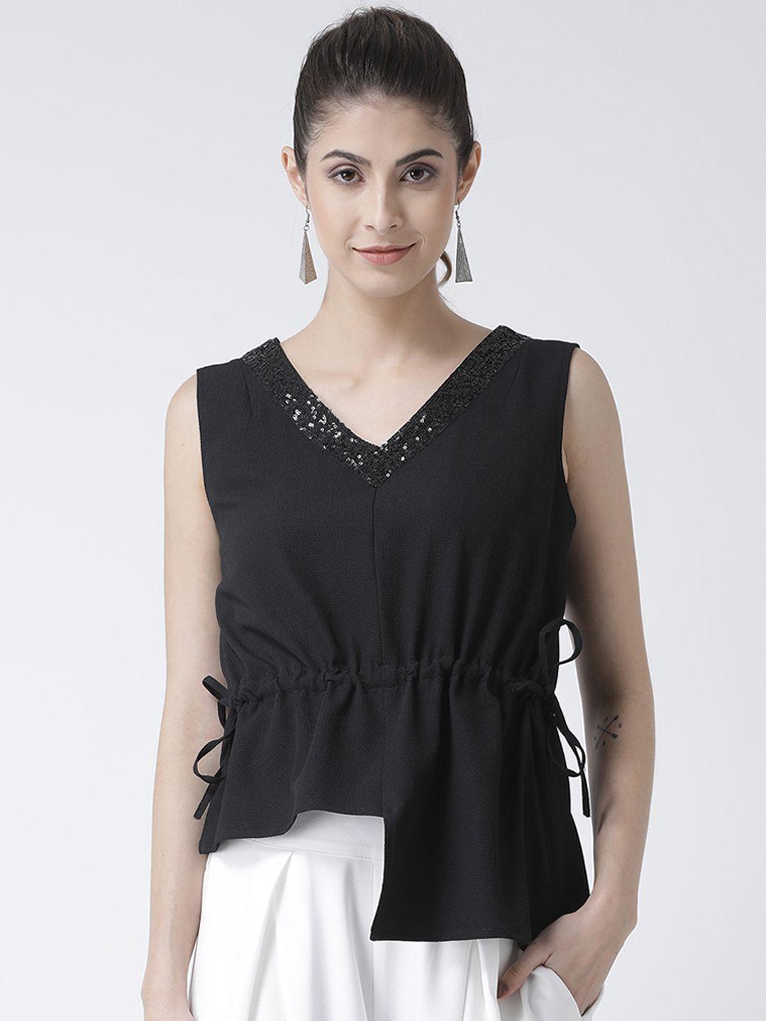 kassually women black solid cinched waist top