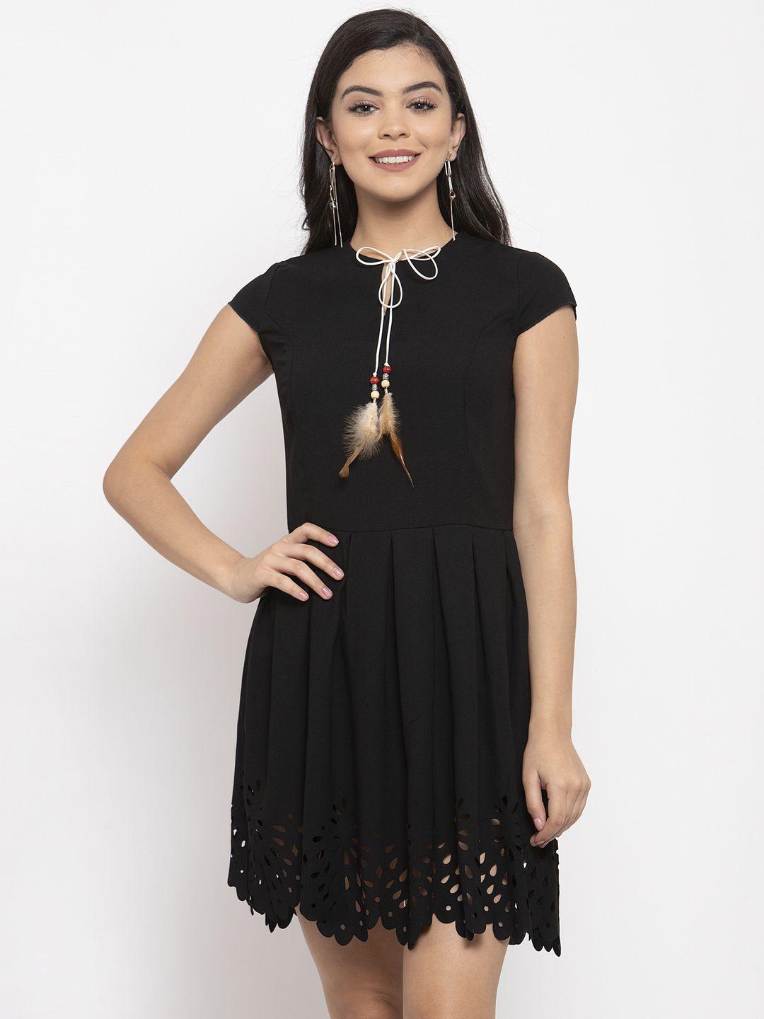 kassually women black solid fit and flare dress with cut-outs