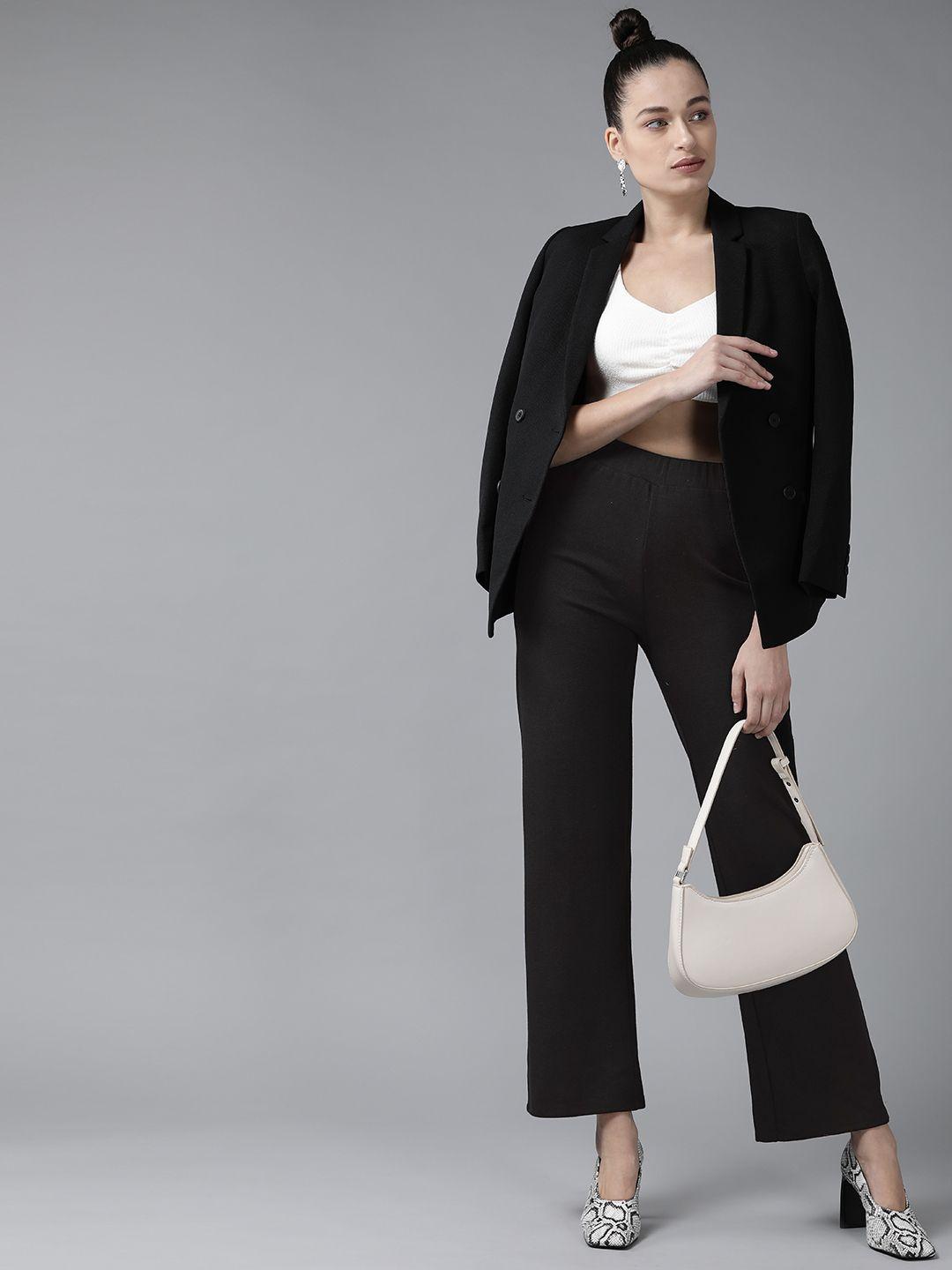 kassually women black solid flared mid-rise flat-front parallel trousers