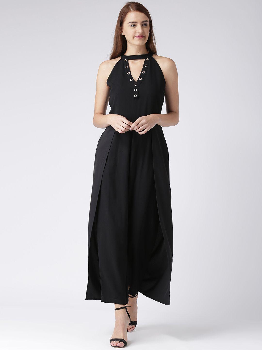 kassually women black solid layered basic jumpsuit