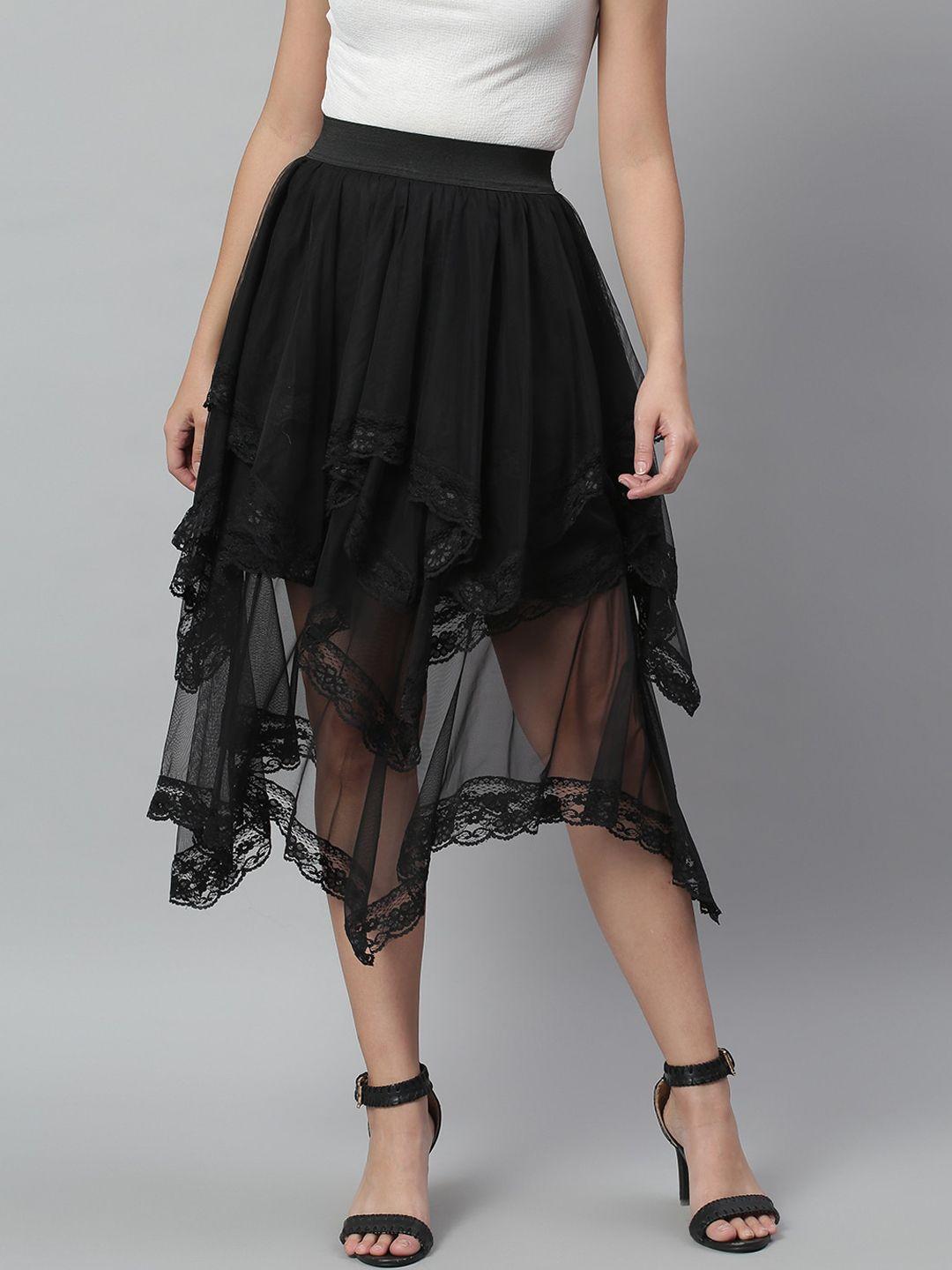 kassually women black solid layered sheer mesh lace skirt