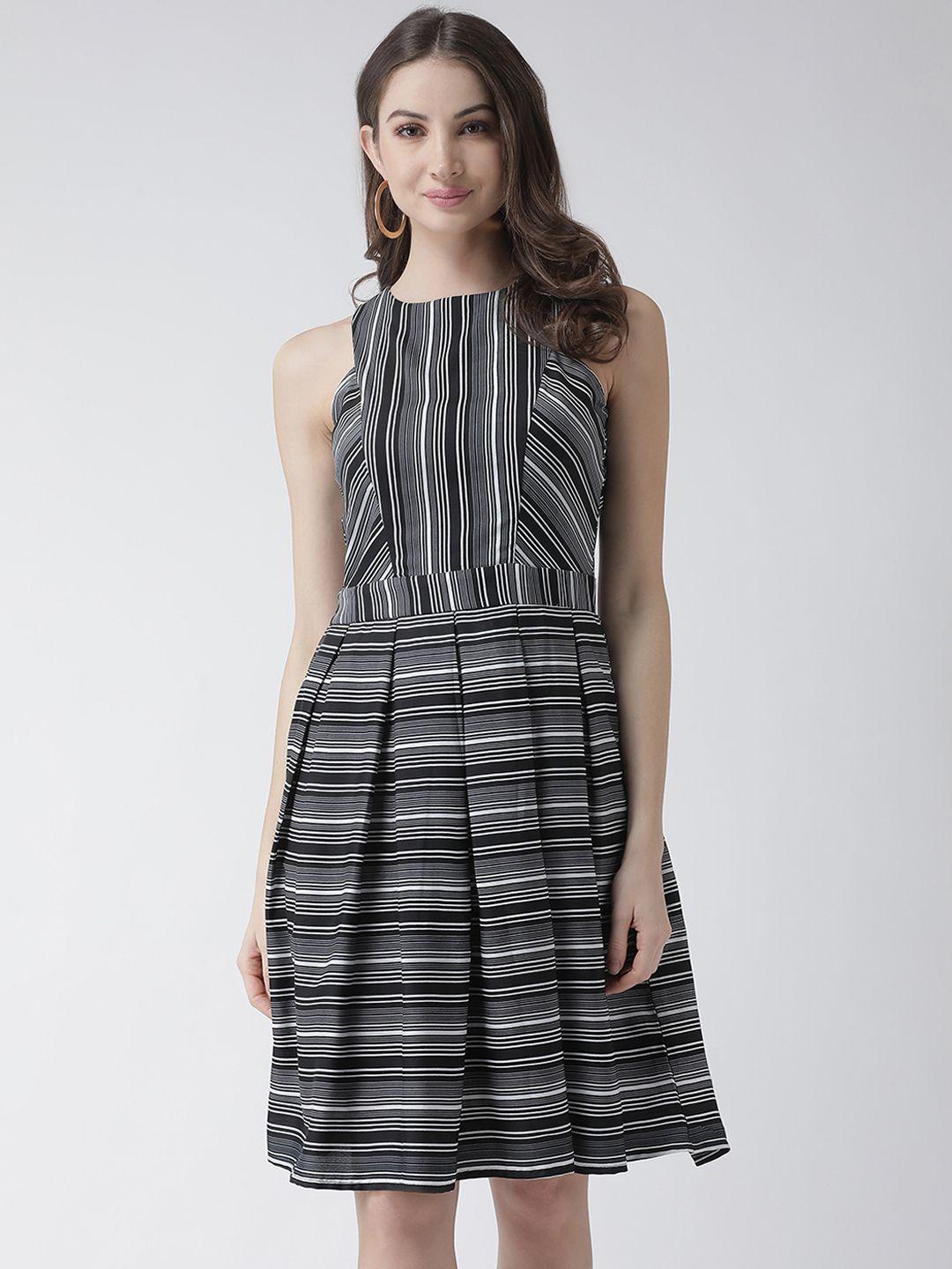 kassually women black varigated striped box pleated fit and flare dress