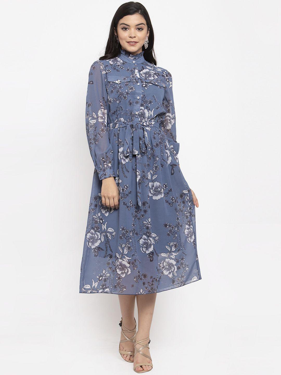 kassually women blue & grey floral printed shirt dress