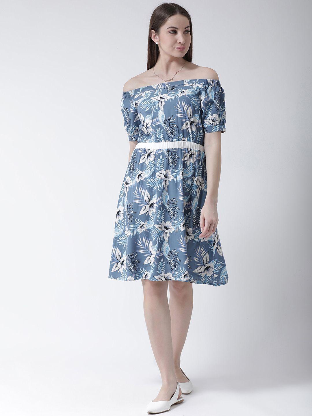 kassually women blue & white floral print fit and flare dress