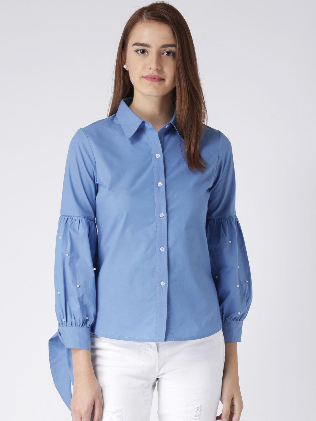 kassually women blue comfort regular fit solid formal shirt