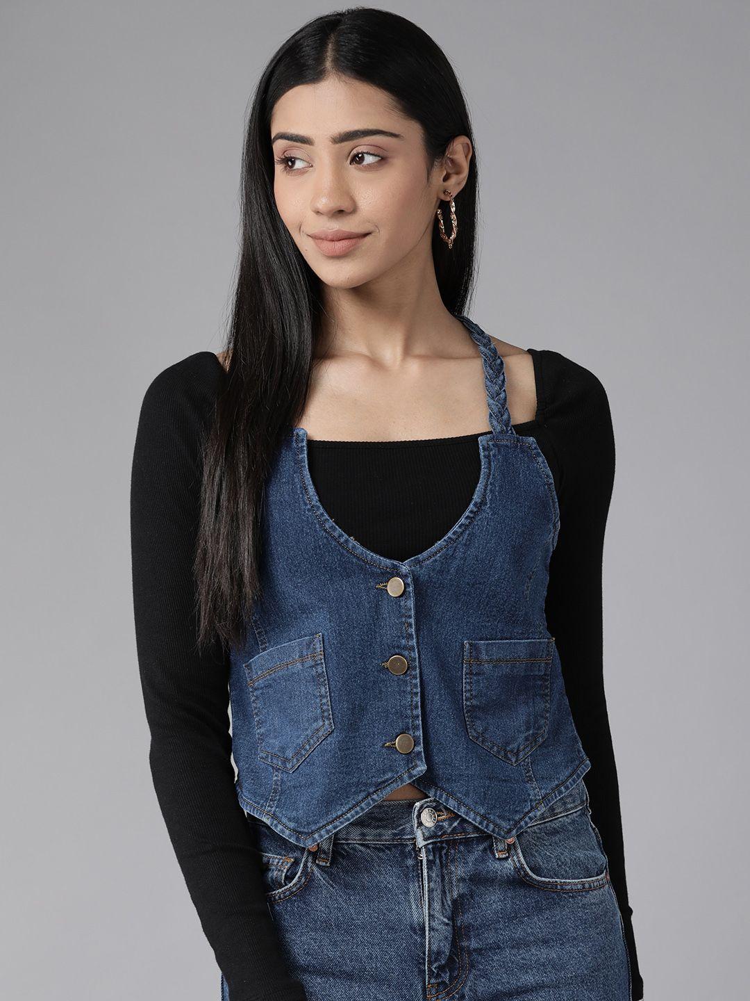 kassually women blue denim crop button shrug