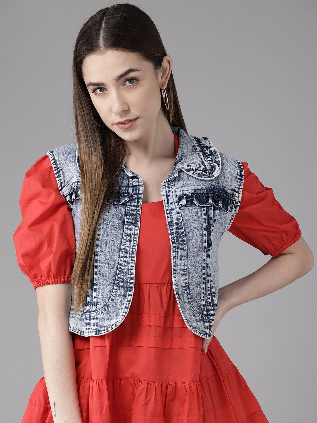 kassually women blue denim crop shrug