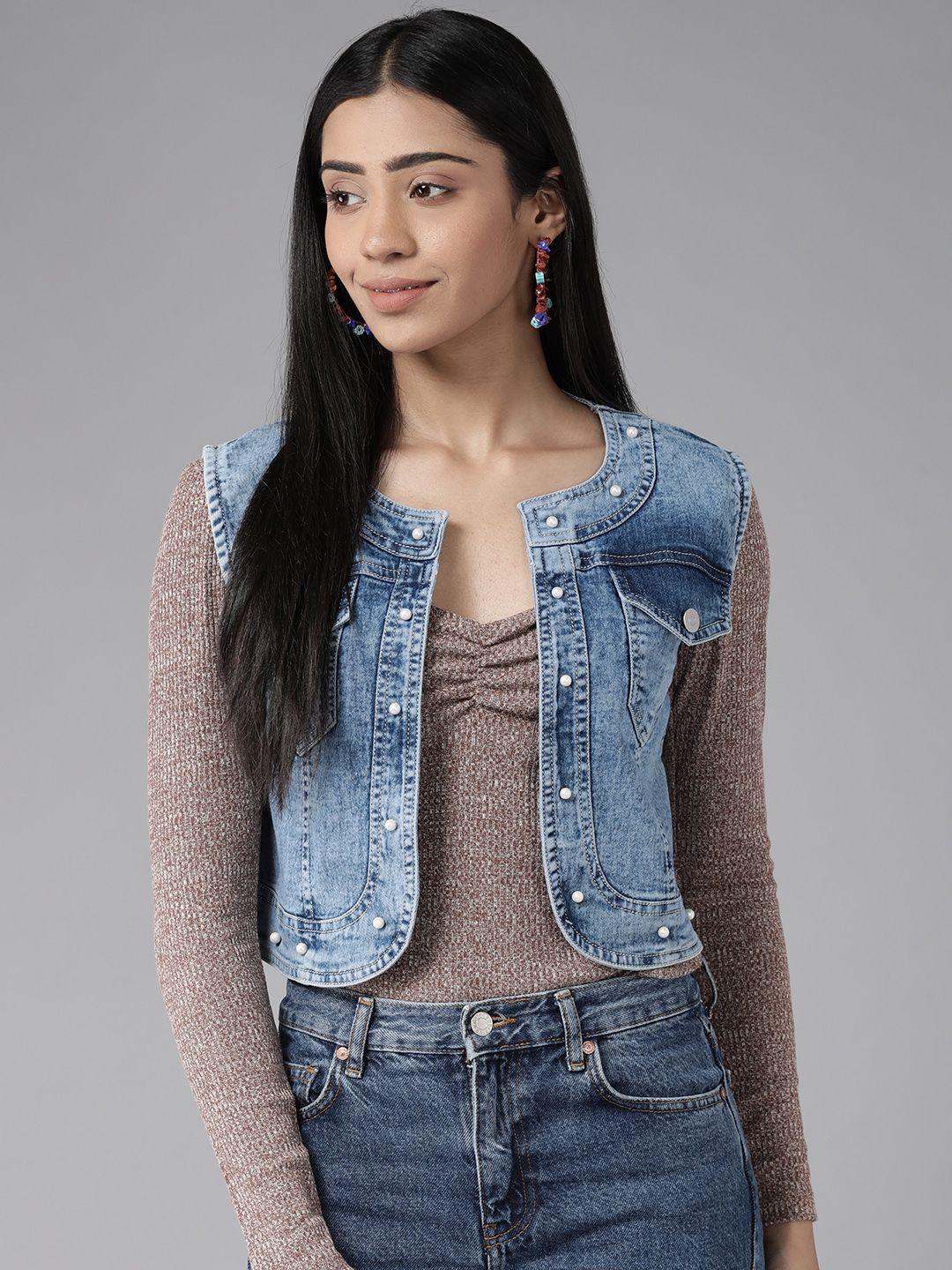 kassually women blue denim embellished  crop shrug