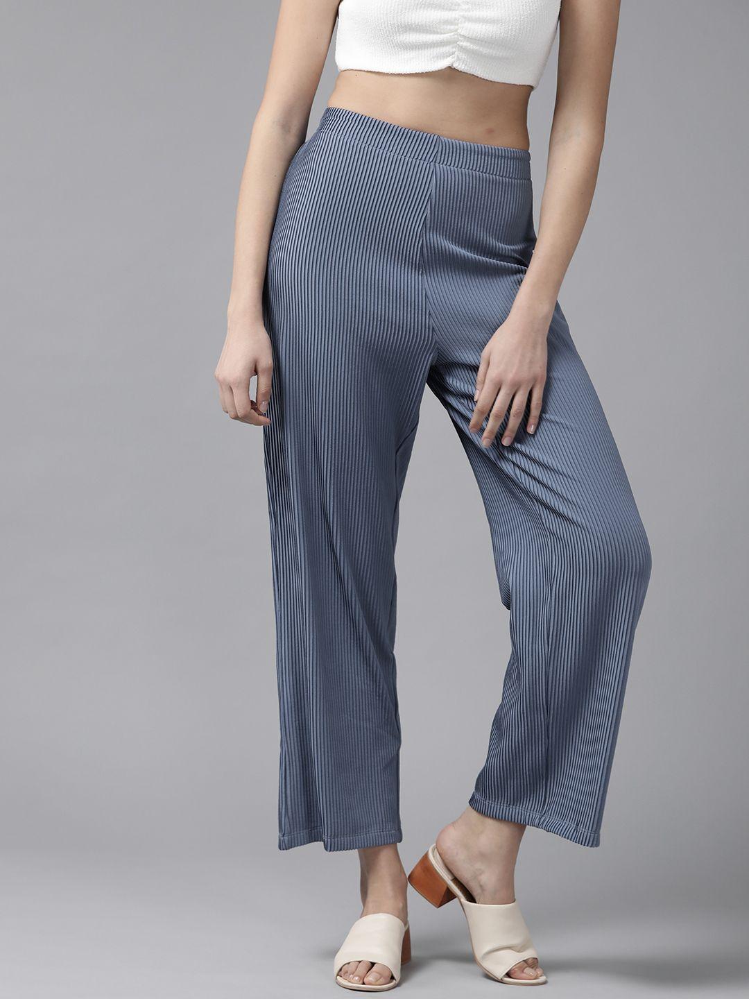 kassually women blue flared mid-rise easy wash flat-front parallel trousers