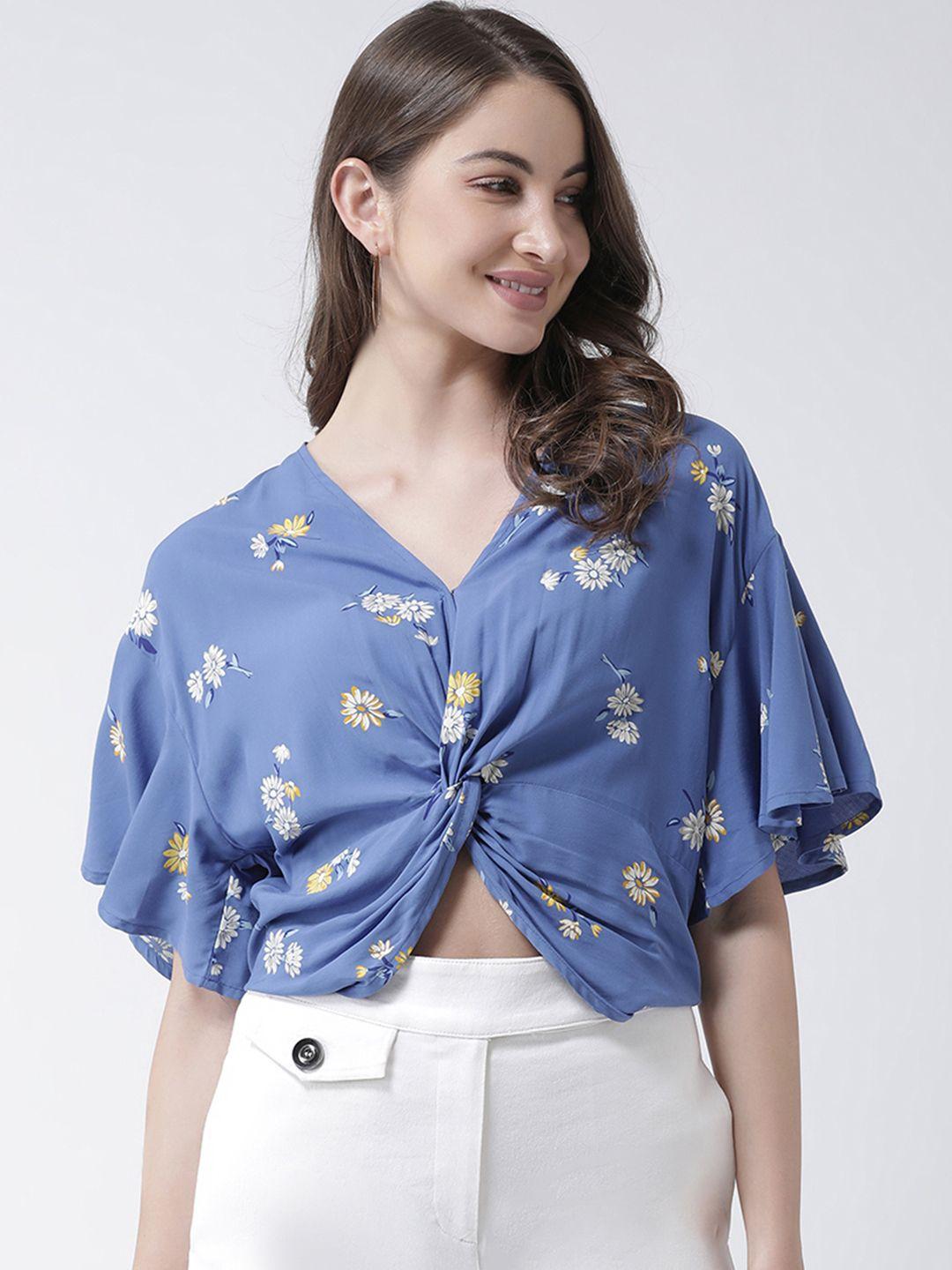 kassually women blue printed wrap pure cotton top