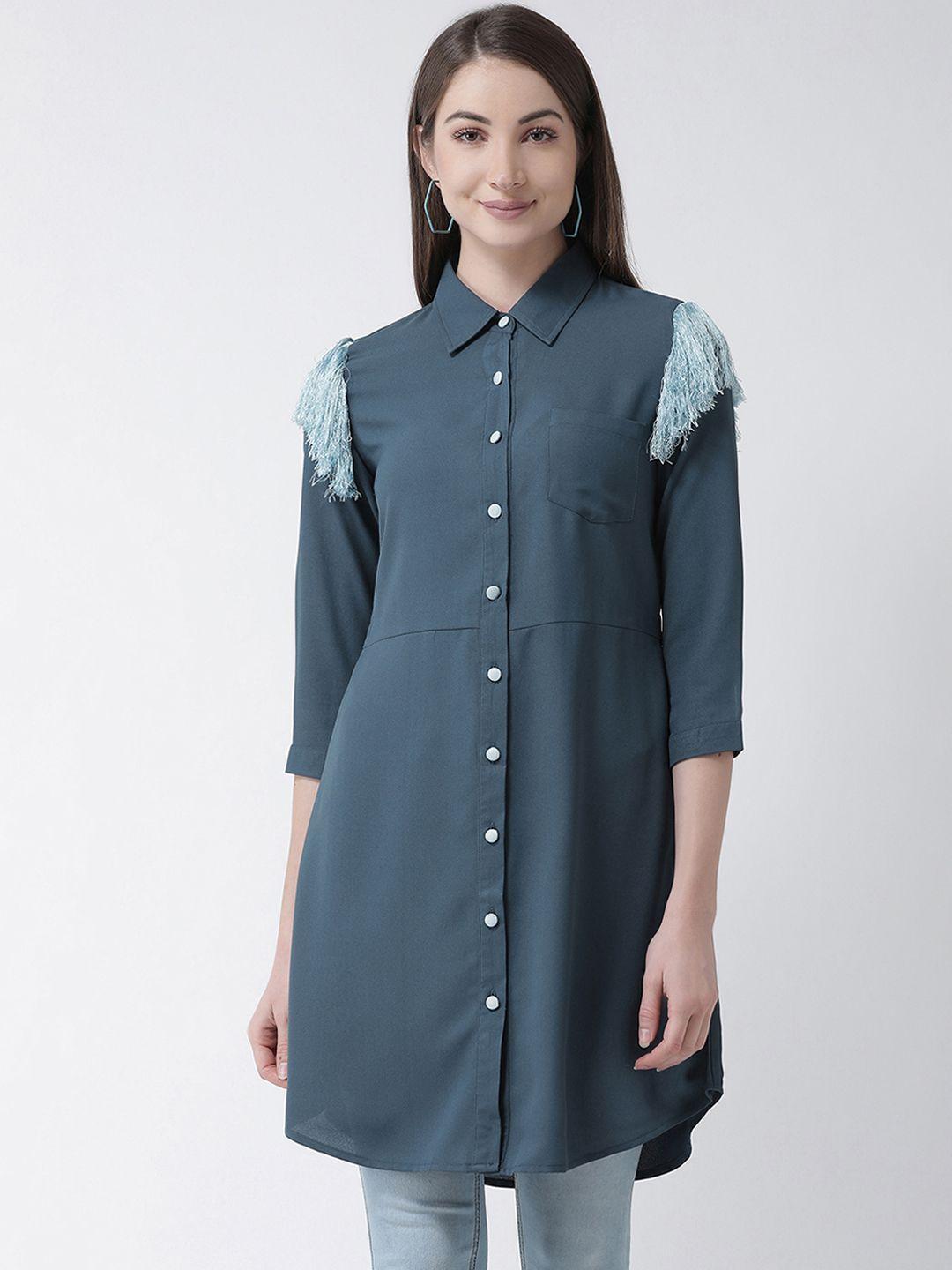 kassually women blue regular fit solid casual shirt