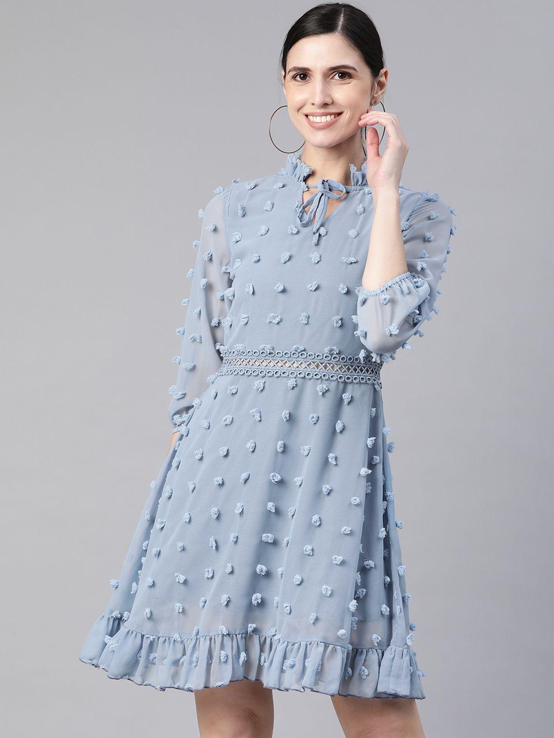 kassually women blue self-design a-line dress