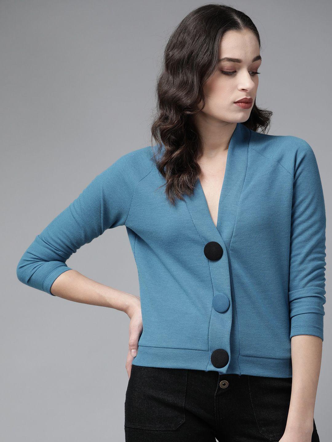 kassually women blue solid cotton blend cardigan