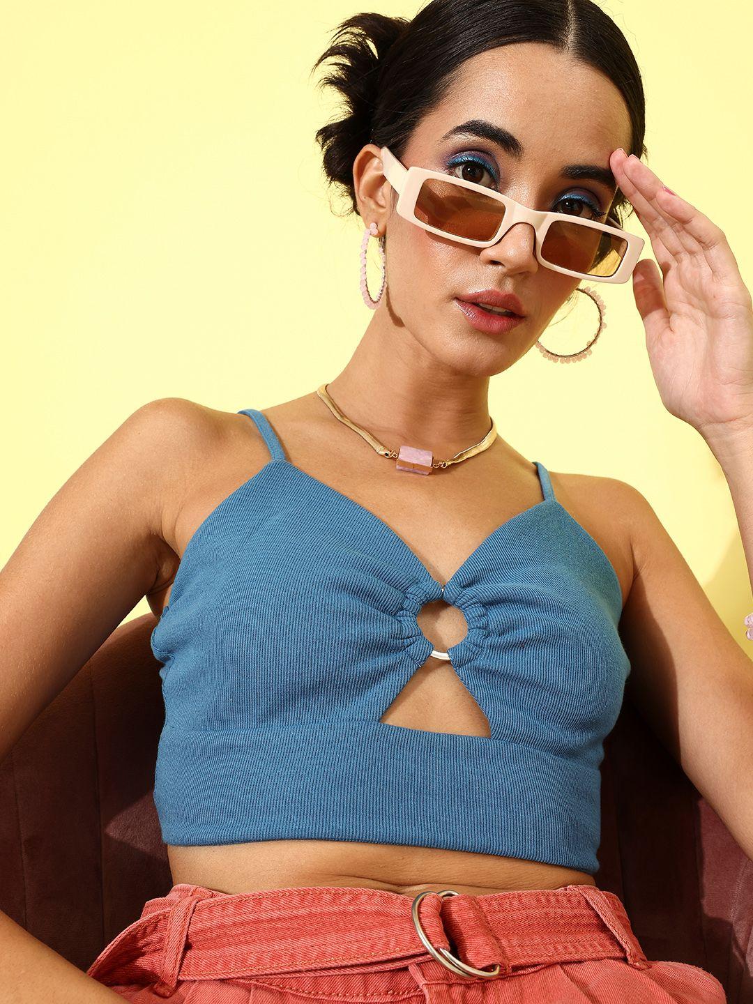 kassually women blue solid crop top