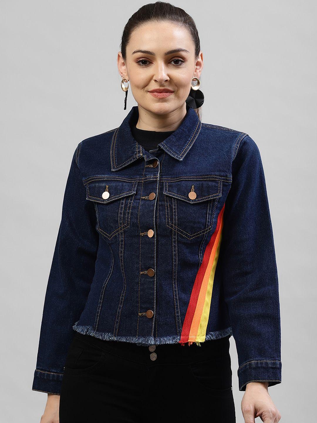 kassually women blue solid denim jacket