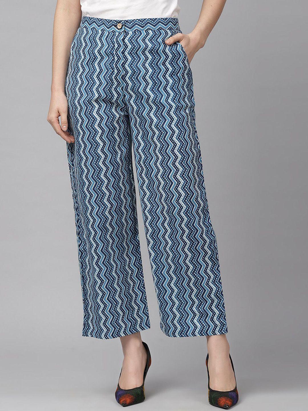 kassually women blue straight fit printed parallel trousers