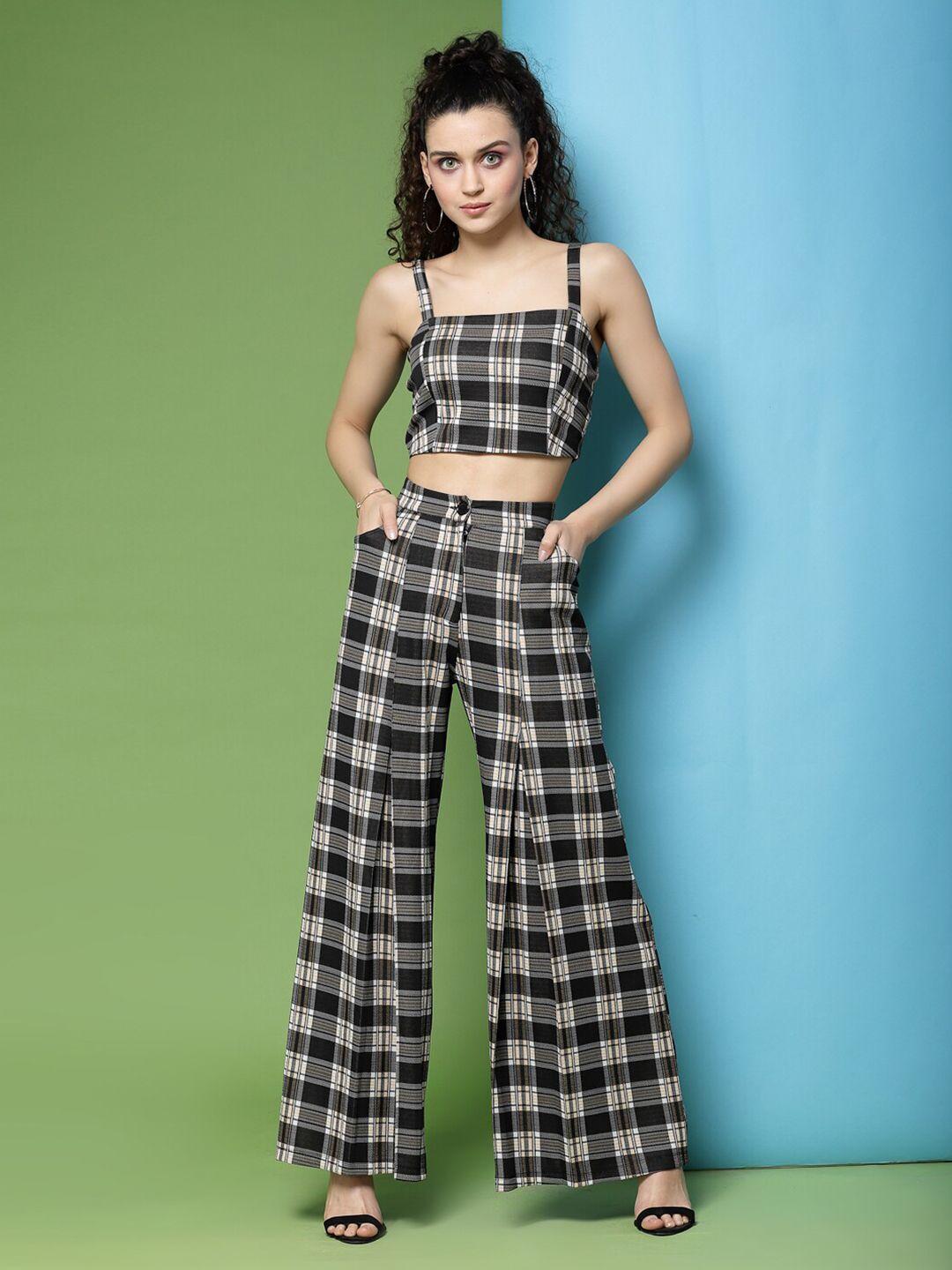 kassually women brown & white checked top with trousers