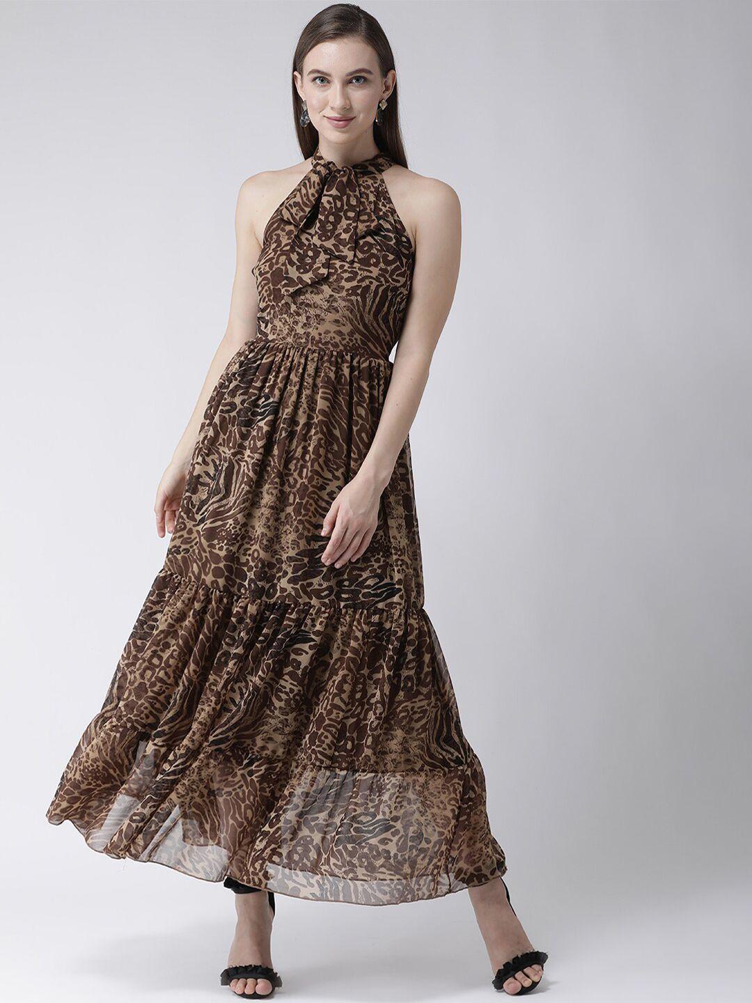 kassually women brown printed fit and flare dress