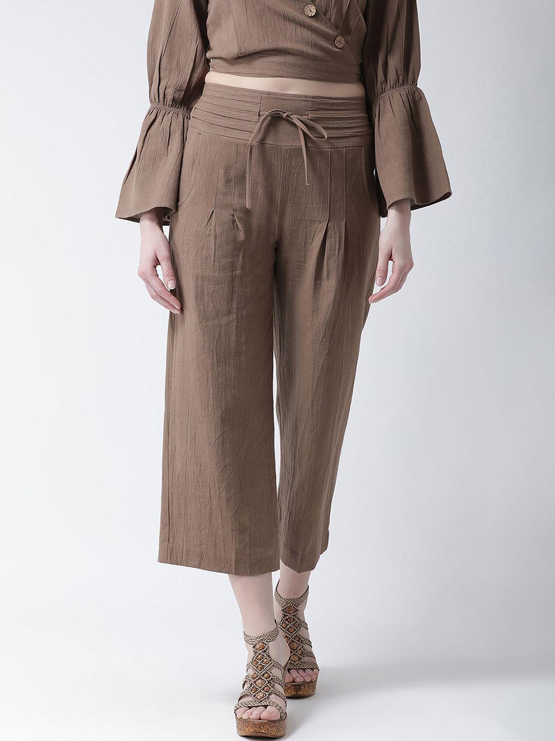 kassually women brown regular fit solid parallel trousers