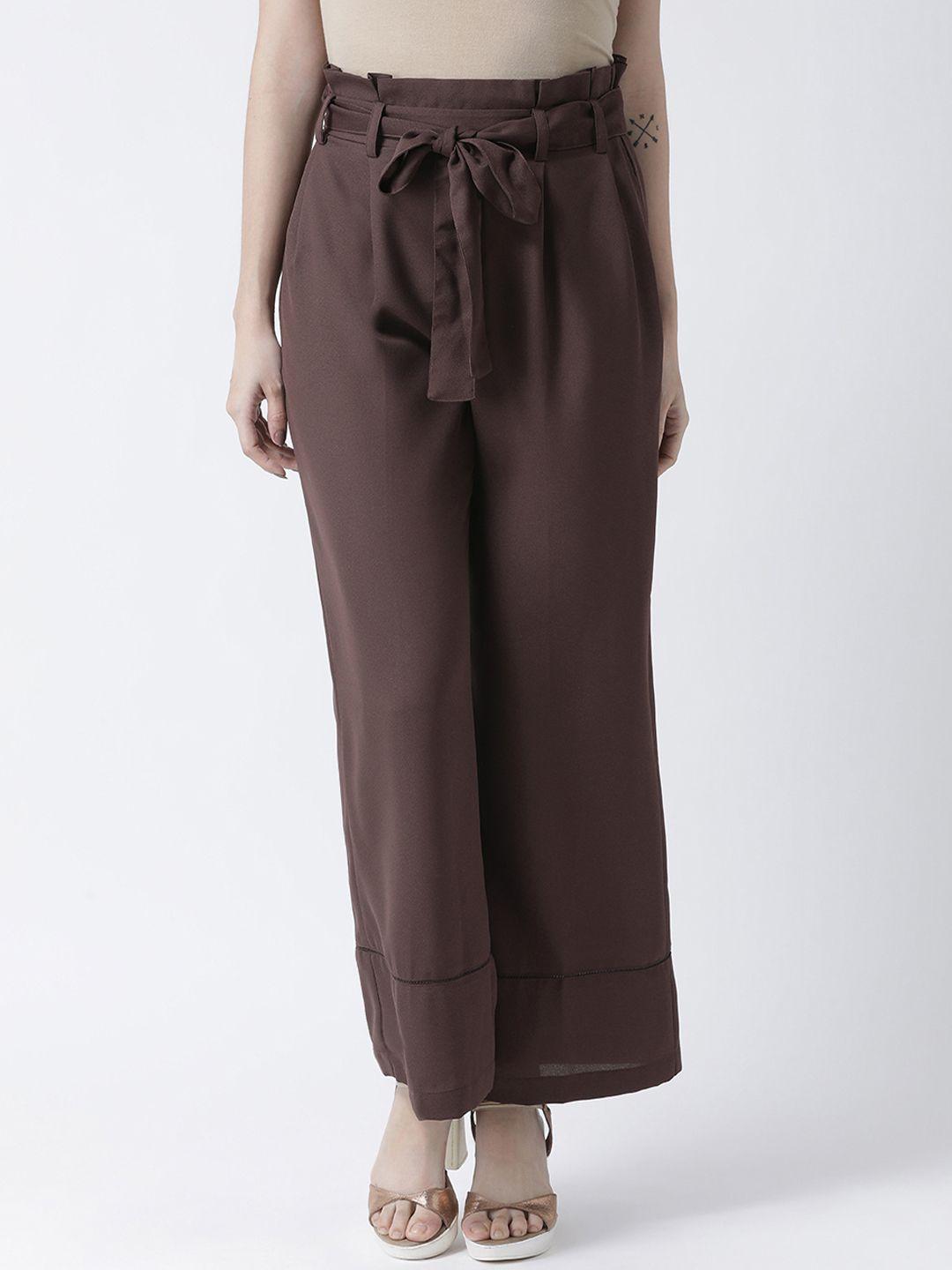 kassually women brown regular fit solid parallel trousers