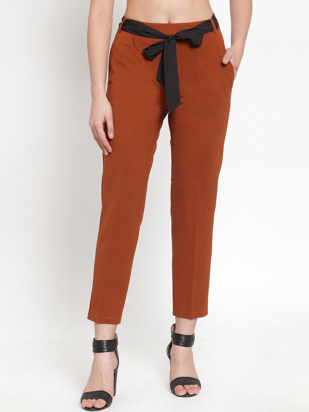 kassually women brown slim fit solid regular trousers