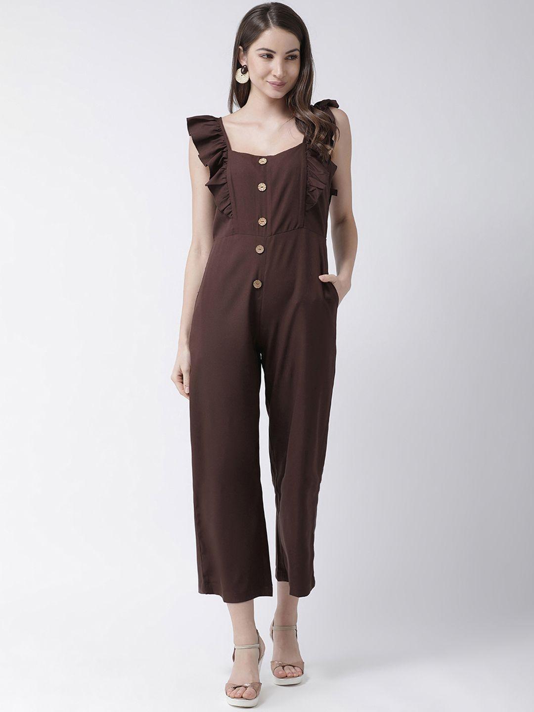 kassually women brown solid basic jumpsuit