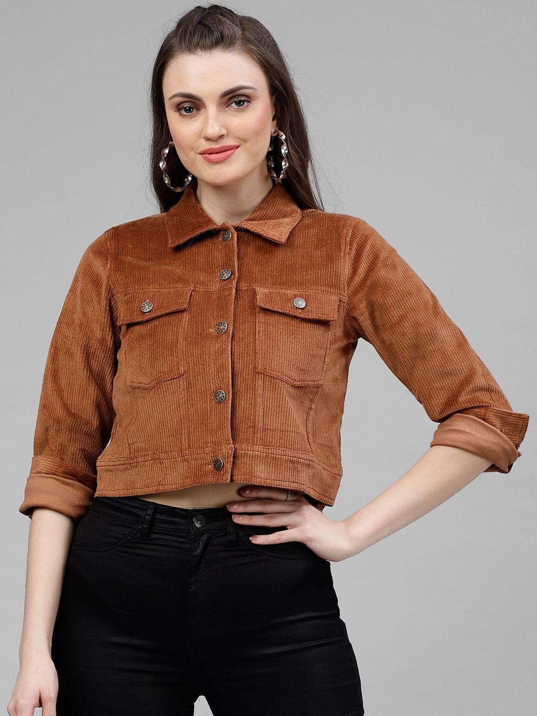 kassually women brown solid corduroy crop jacket