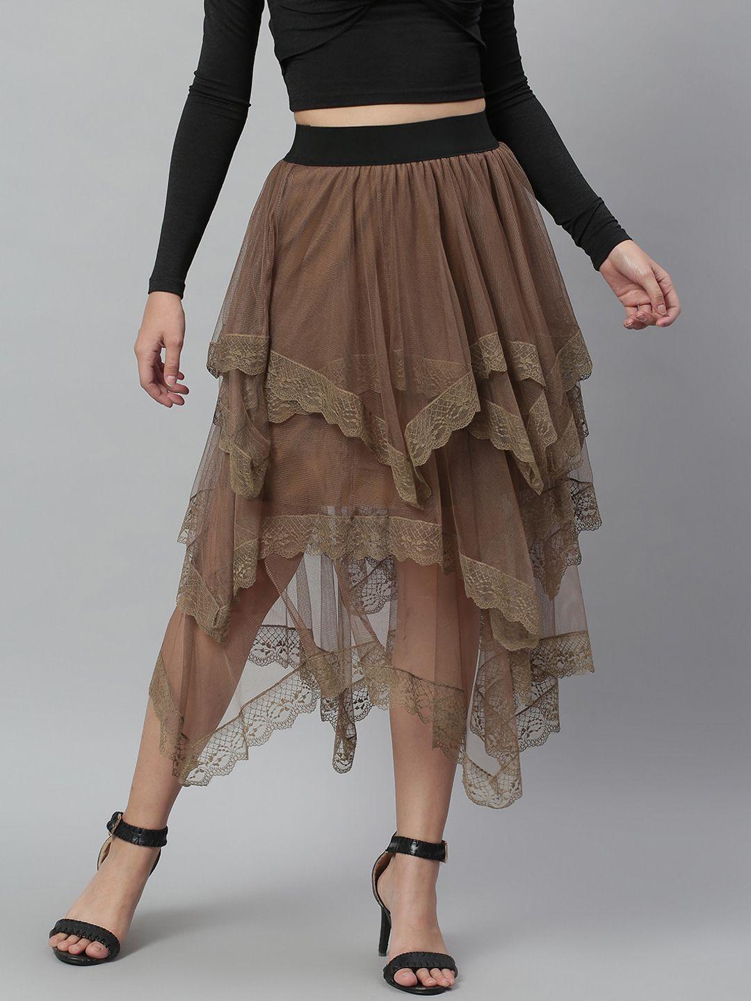 kassually women brown solid layered lace sheer skirt