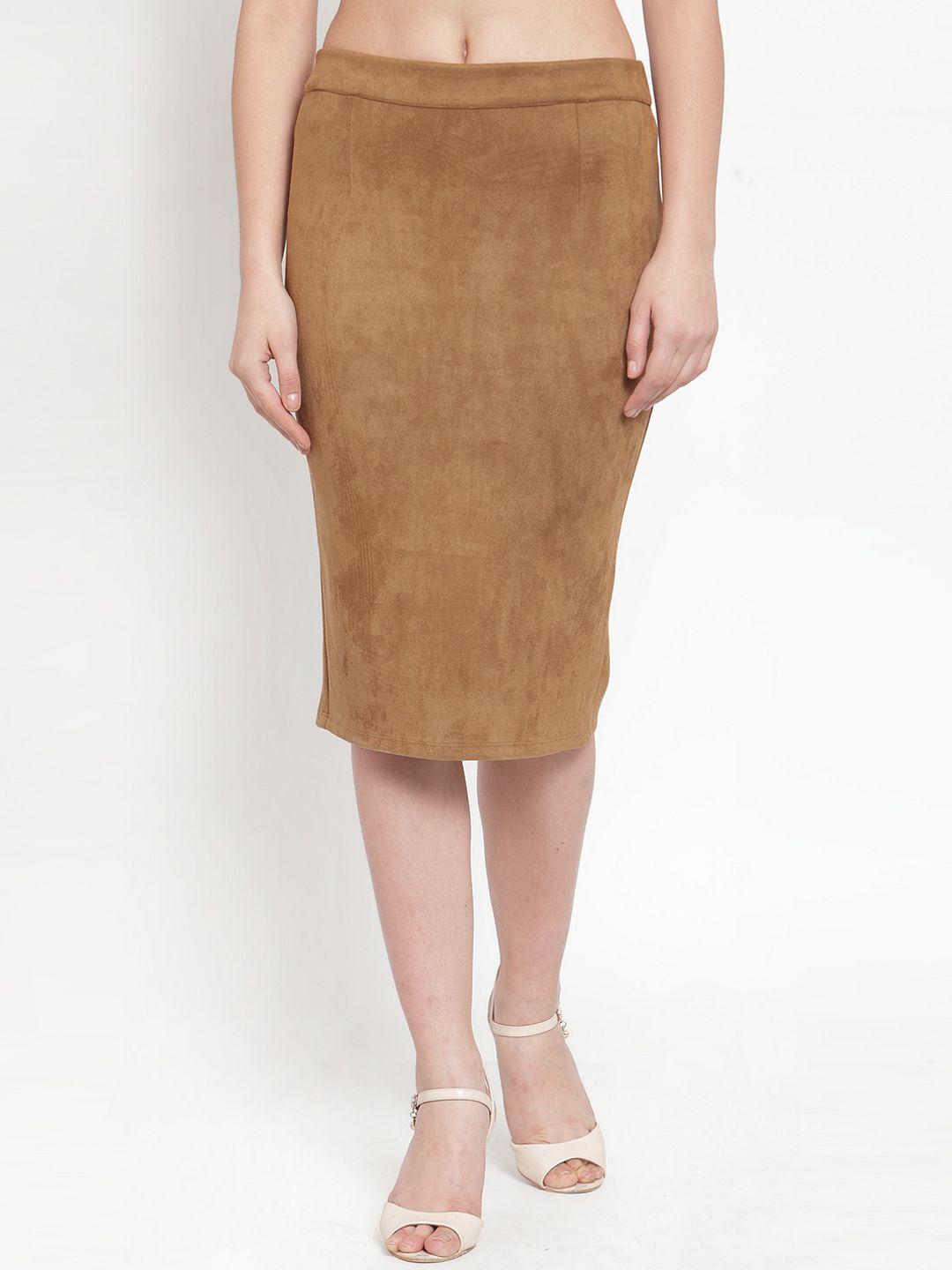 kassually women brown solid straight knee-length skirt