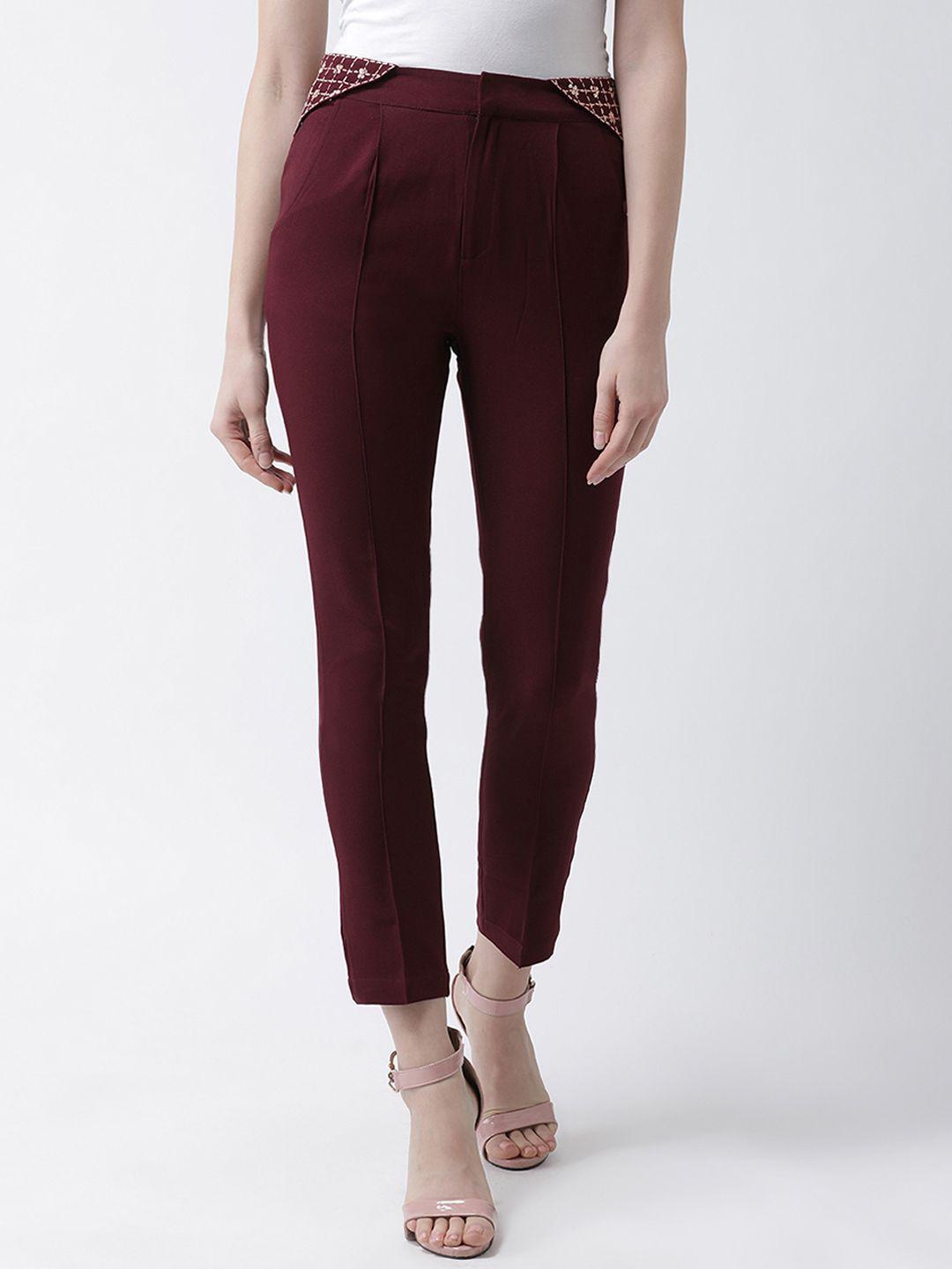 kassually women burgundy regular fit embellished regular trousers