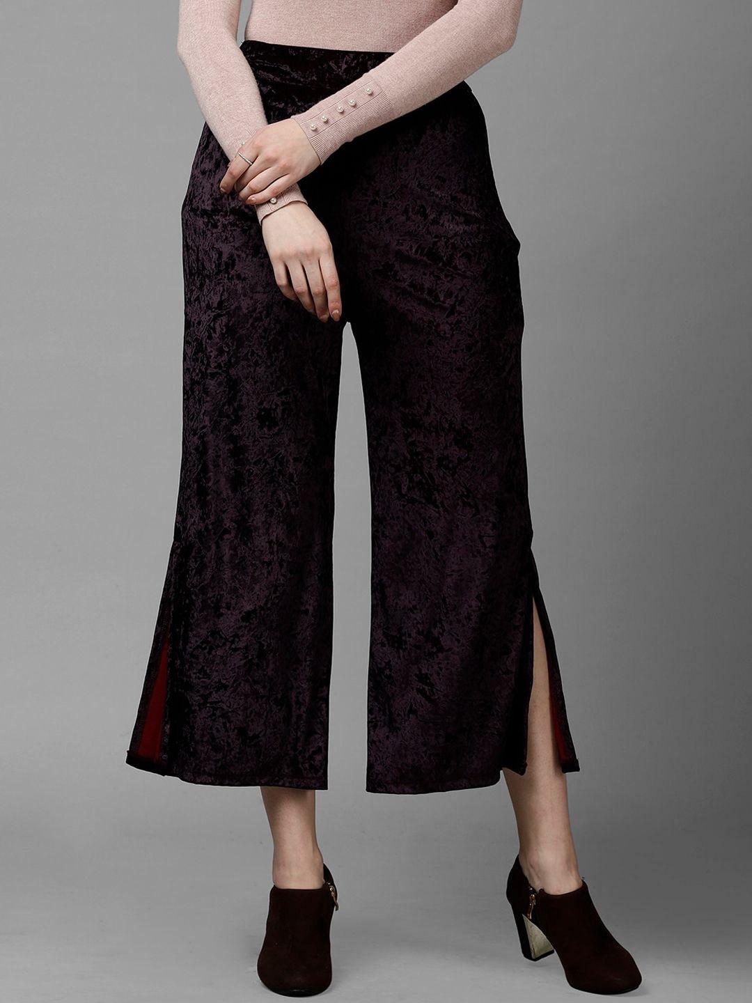 kassually women burgundy regular fit solid parallel trousers