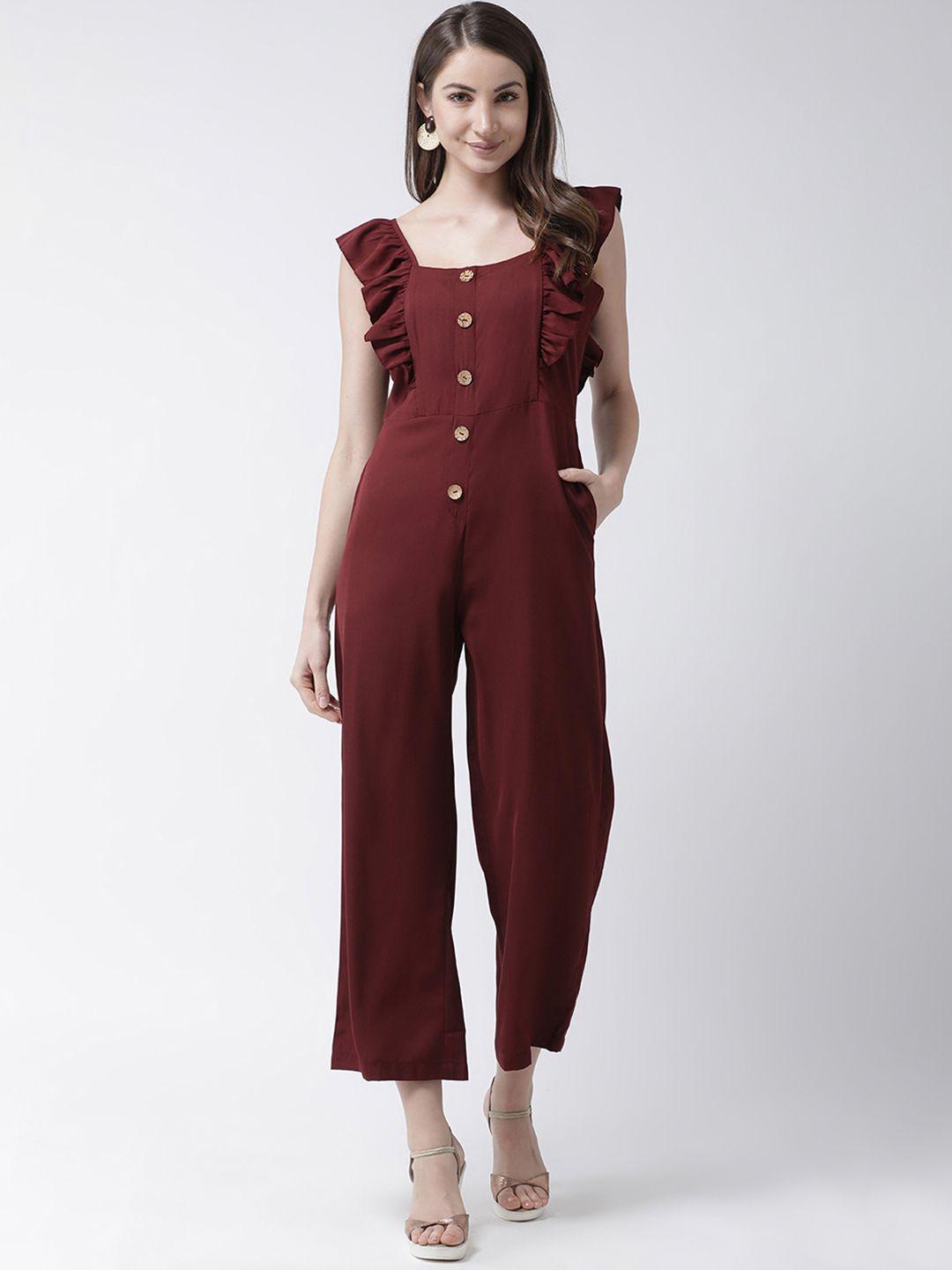 kassually women burgundy solid basic jumpsuit