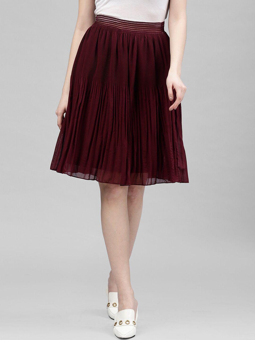 kassually women burgundy solid pleated a-line knee- length skirt
